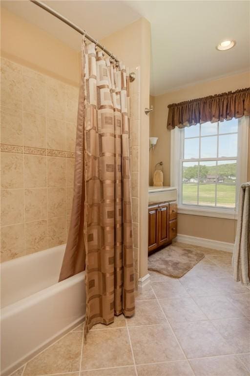 31 Hunters Run, Horseheads, NY 14845 - bathroom featuring shower / tub combo, tile patterned floors, vanity, baseboards, and recessed lighting