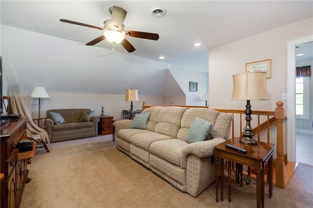 31 Hunters Run, Horseheads, NY 14845 - living room with light colored carpet, a ceiling fan, recessed lighting, and lofted ceiling