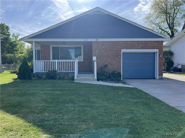 90 Nadon Pl, Tonawanda-Town, NY 14150 - ranch-style home with driveway, a porch, brick siding, a front lawn, and a garage