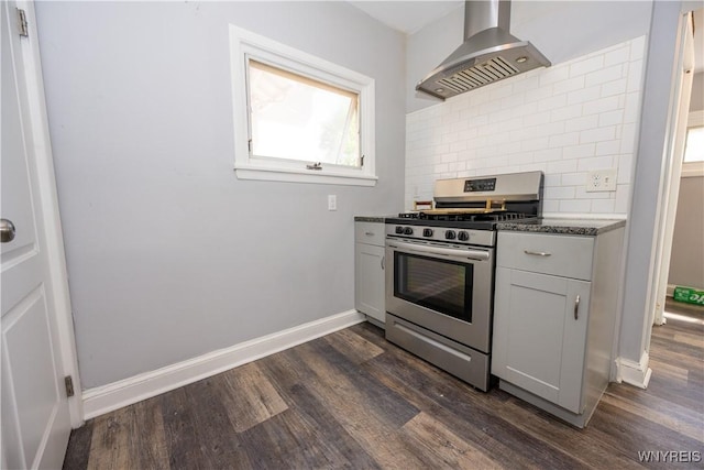 47 Winston Rd, Buffalo, NY 14216 - kitchen with gas stove, wall chimney range hood, plenty of natural light, and dark wood-style flooring