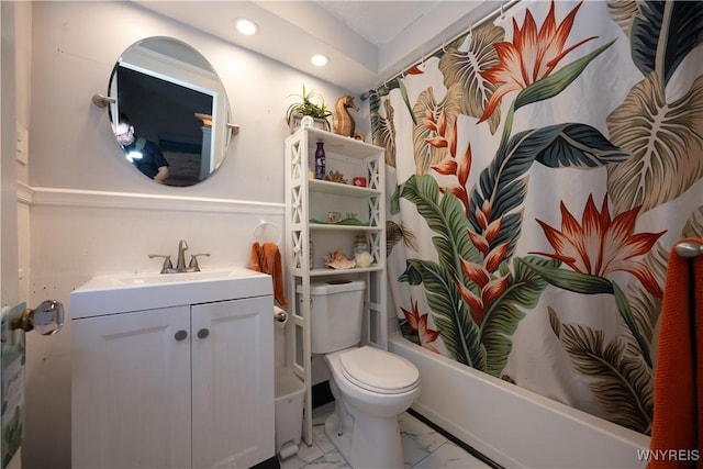47 Winston Rd, Buffalo, NY 14216 - bathroom featuring marble finish flooring, recessed lighting, vanity, shower / tub combo with curtain, and toilet
