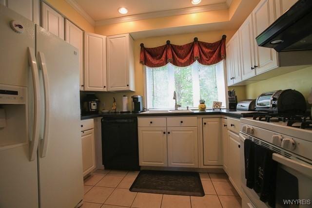 938 Ridge Rd, Lackawanna, NY 14218 - kitchen with white appliances, ventilation hood, ornamental molding, white cabinetry, and dark countertops