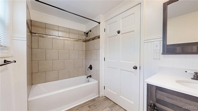 524 Lasalle Ave, Buffalo, NY 14215 - full bath with ornamental molding, vanity, shower / tub combination, and wood finished floors