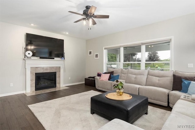 17 Knoche Way, Orchard Park, NY 14127 - living room featuring a ceiling fan, wood finished floors, a fireplace, recessed lighting, and baseboards