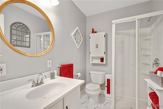 7263 Quaker Rd, Orchard Park, NY 14127 - bathroom featuring a shower stall, marble look tiles, vanity, toilet, and baseboards