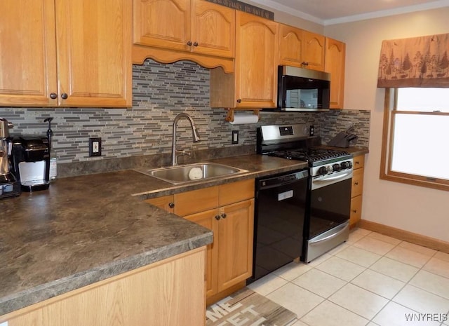 225 Fries Rd, Tonawanda-Town, NY 14150 - kitchen with black appliances, a sink, dark countertops, backsplash, and light tile patterned flooring