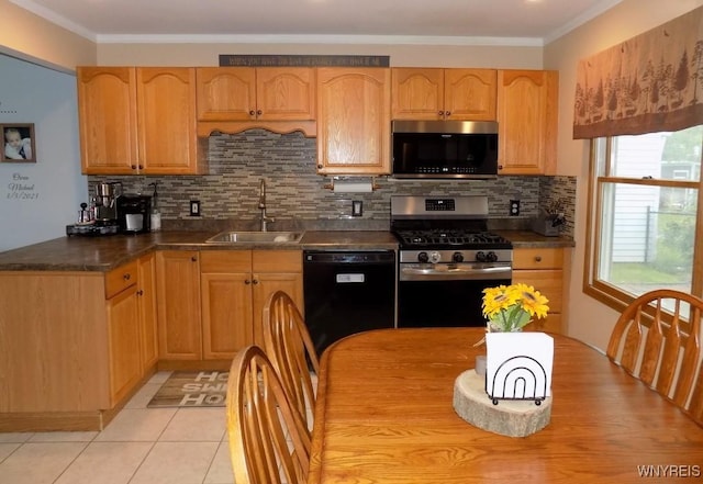 225 Fries Rd, Tonawanda-Town, NY 14150 - kitchen featuring appliances with stainless steel finishes, a sink, backsplash, light tile patterned floors, and crown molding