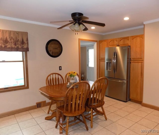 225 Fries Rd, Tonawanda-Town, NY 14150 - dining area with a ceiling fan, baseboards, light tile patterned floors, ornamental molding, and recessed lighting