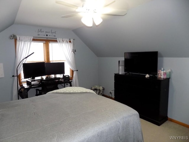 225 Fries Rd, Tonawanda-Town, NY 14150 - bedroom featuring vaulted ceiling, light colored carpet, ceiling fan, and baseboards