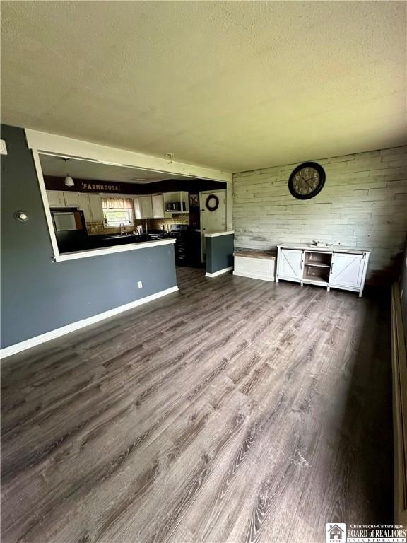 538 Erie St, Olean-City, NY 14760 - unfurnished living room with dark wood-style flooring, baseboards, a textured ceiling, and wooden walls