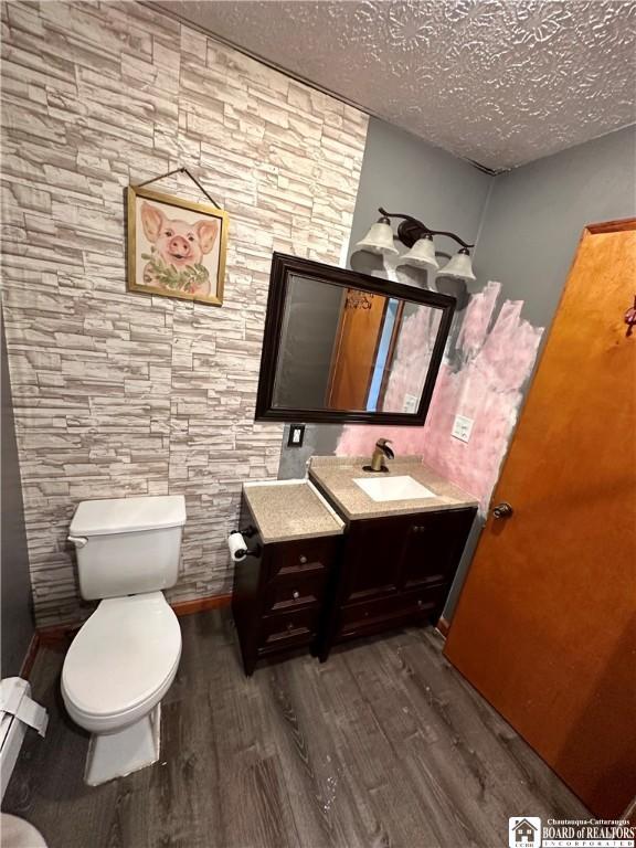 538 Erie St, Olean-City, NY 14760 - half bathroom featuring toilet, wood finished floors, vanity, and a textured ceiling