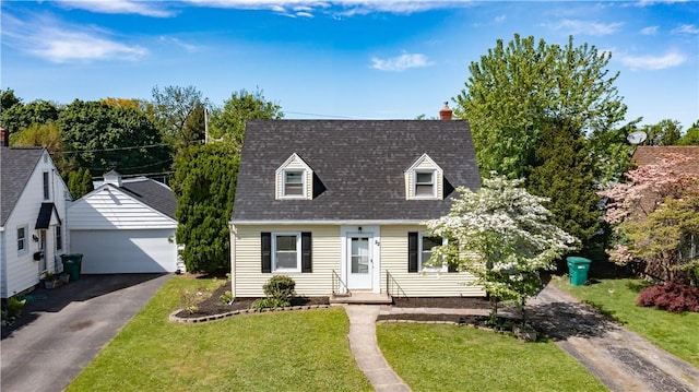 22 Idyllwood Ln, Irondequoit, NY 14617 - cape cod house with a detached garage, an outdoor structure, a front yard, and a shingled roof