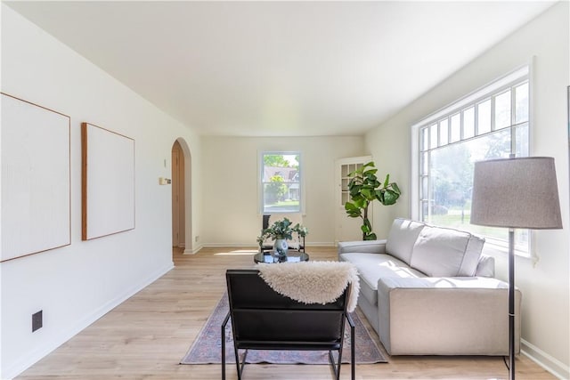 22 Idyllwood Ln, Irondequoit, NY 14617 - living area featuring arched walkways, light wood-style floors, and baseboards