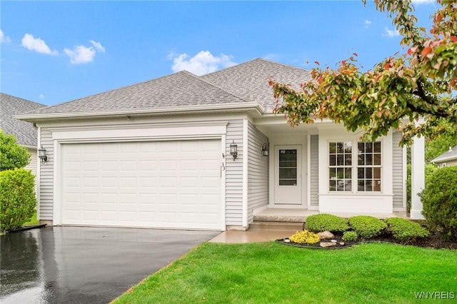 33 Rushford Hollow Dr, Cheektowaga, NY 14227 - view of front of house featuring driveway, an attached garage, a front yard, and a shingled roof