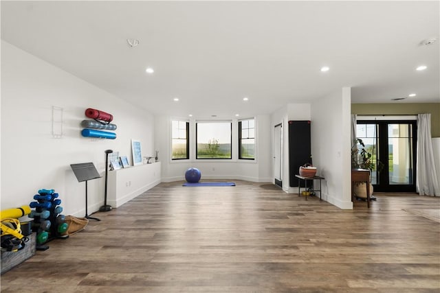503 Grandview Ln, Milo, NY 14527 - exercise room featuring recessed lighting, wood finished floors, and baseboards