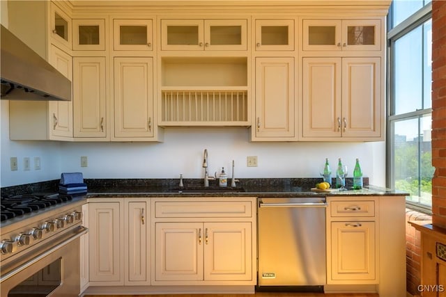 526 Plum St Unit 408, Syracuse, NY 13204 - kitchen featuring appliances with stainless steel finishes, exhaust hood, a sink, cream cabinets, and dark stone counters