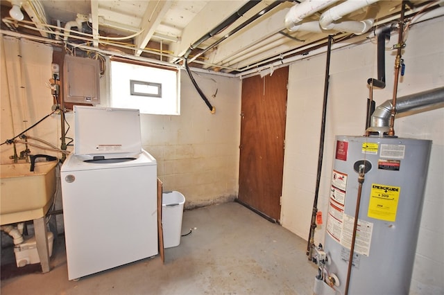 414 Fox Run, Gates, NY 14606 - below grade area with washer / dryer, water heater, electric panel, a sink, and concrete block wall