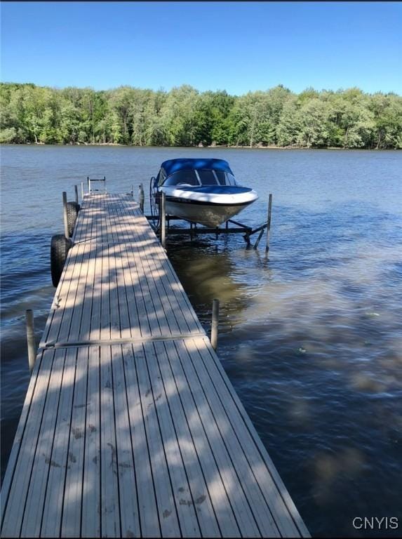 633 Eno Rd, Elbridge, NY 13080 - dock featuring boat lift, a water view, and a view of trees