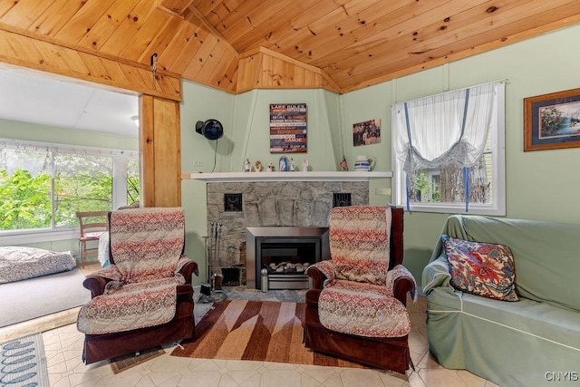 633 Eno Rd, Elbridge, NY 13080 - living room with vaulted ceiling, wooden ceiling, and a stone fireplace