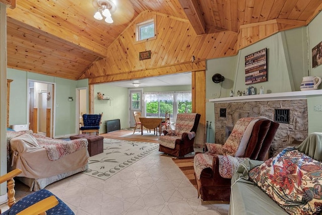 633 Eno Rd, Elbridge, NY 13080 - living area featuring a fireplace, high vaulted ceiling, and wood ceiling