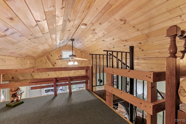 633 Eno Rd, Elbridge, NY 13080 - hallway with wooden ceiling, lofted ceiling, and wooden walls