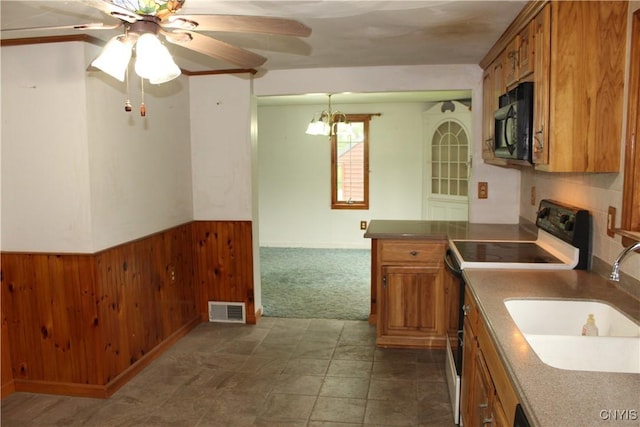 7 Catlin Ave, Paris, NY 13456 - kitchen with black microwave, electric stove, brown cabinets, dark carpet, and a sink