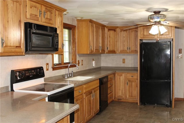 7 Catlin Ave, Paris, NY 13456 - kitchen featuring black appliances, a sink, backsplash, and a ceiling fan