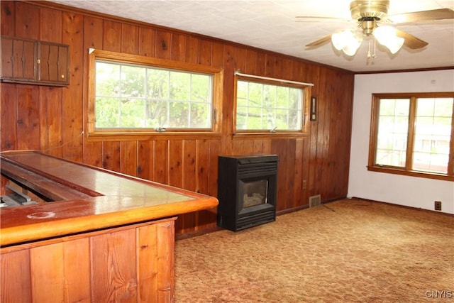 7 Catlin Ave, Paris, NY 13456 - unfurnished living room with wooden walls, carpet, a ceiling fan, crown molding, and baseboards