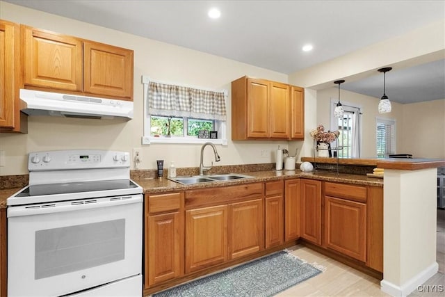 60 Cooper St, Lake George, NY 12845 - kitchen featuring white range with electric stovetop, under cabinet range hood, a sink, a peninsula, and decorative light fixtures