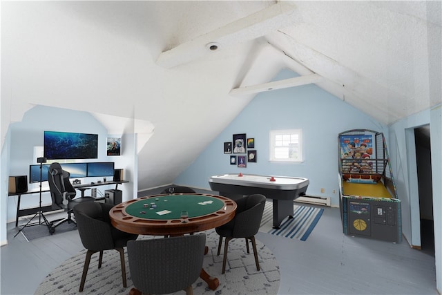 135 Gardiner Ave, Rochester, NY 14611 - playroom featuring vaulted ceiling, an office area, baseboard heating, and wood finished floors