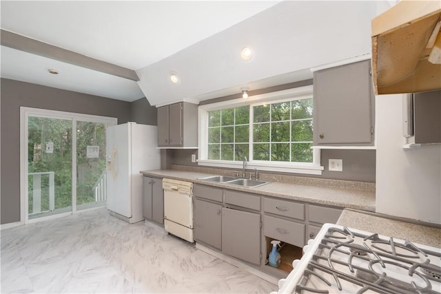 135 Gardiner Ave, Rochester, NY 14611 - kitchen featuring white appliances, a sink, gray cabinetry, healthy amount of natural light, and recessed lighting