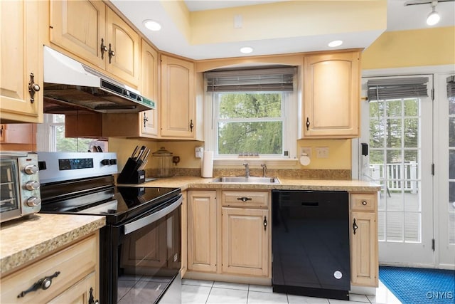 27 Cascade Dr, New Hartford, NY 13413 - kitchen featuring stainless steel electric stove, dishwasher, under cabinet range hood, light brown cabinetry, and a sink