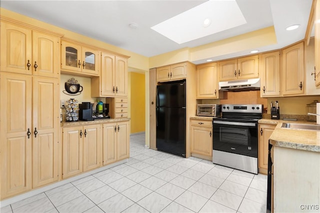 27 Cascade Dr, New Hartford, NY 13413 - kitchen with freestanding refrigerator, stainless steel range with electric stovetop, under cabinet range hood, light brown cabinets, and a sink