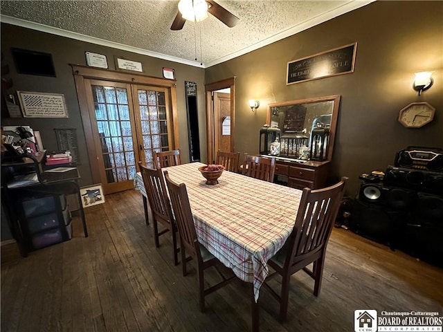223 S 7th St, Olean-City, NY 14760 - dining room with dark wood-style flooring, ceiling fan, french doors, a textured ceiling, and crown molding