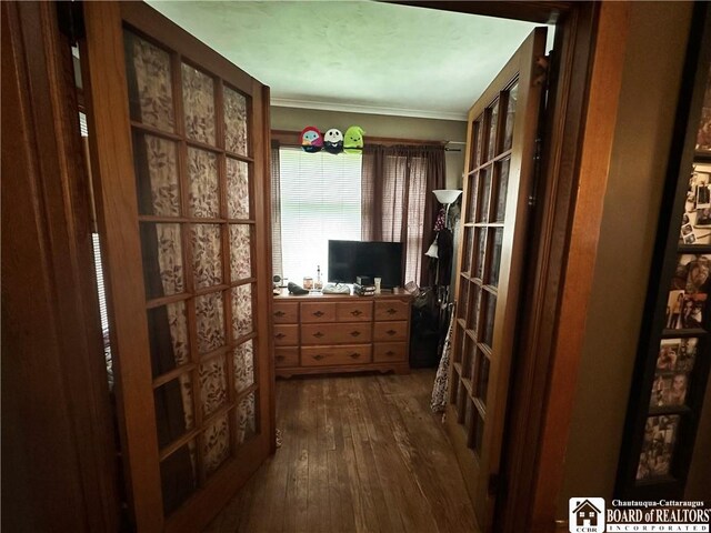 223 S 7th St, Olean-City, NY 14760 - sitting room featuring an office area, dark wood-style flooring, ornamental molding, and french doors