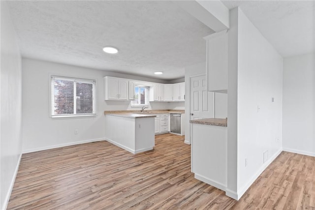 275 Owens Rd Unit 115, Sweden, NY 14420 - kitchen with stainless steel dishwasher, light wood-style floors, white cabinets, a peninsula, and light countertops