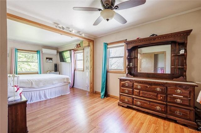 7425 Eelpot Rd, Naples, NY 14512 - bedroom featuring an AC wall unit, light wood-style floors, ornamental molding, baseboards, and a ceiling fan