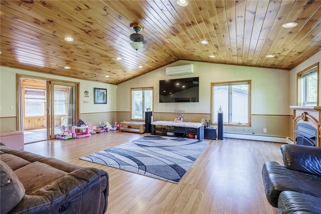 7425 Eelpot Rd, Naples, NY 14512 - living area featuring a wall unit AC, baseboard heating, wood ceiling, vaulted ceiling, and recessed lighting