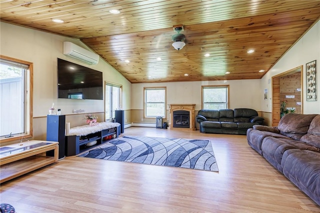 7425 Eelpot Rd, Naples, NY 14512 - living room featuring a wall unit AC, wooden ceiling, wood finished floors, a baseboard heating unit, and a fireplace