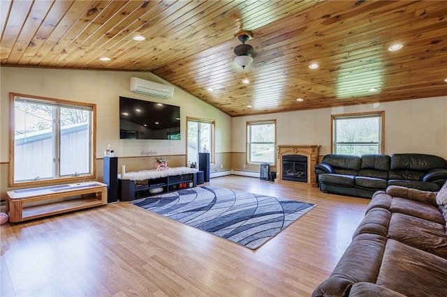 7425 Eelpot Rd, Naples, NY 14512 - living area featuring an AC wall unit, wood ceiling, wood finished floors, plenty of natural light, and lofted ceiling