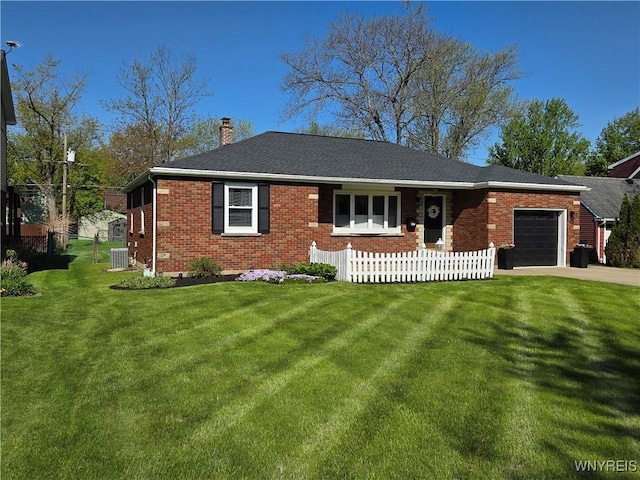 3508 Warner Dr, Grand Island, NY 14072 - ranch-style house featuring an attached garage, brick siding, central air condition unit, a chimney, and driveway