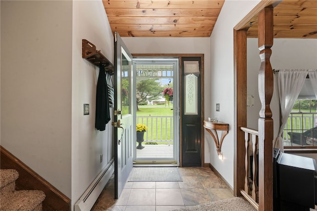 101 Winchell Rd, Owego, NY 13827 - foyer entrance with a baseboard heating unit, baseboards, stairs, and wood ceiling