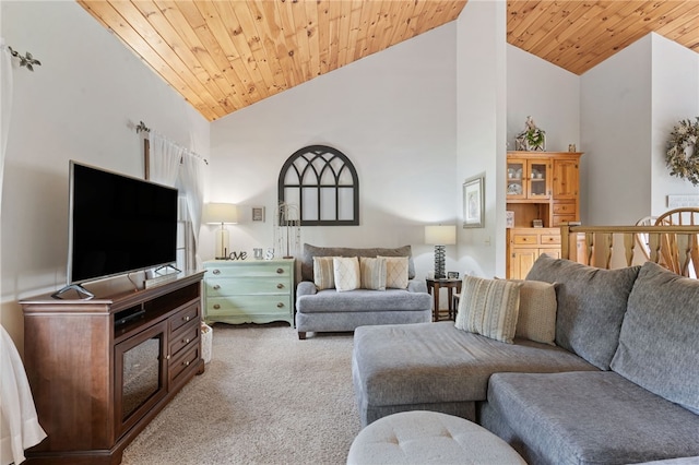 101 Winchell Rd, Owego, NY 13827 - living room with carpet flooring, wooden ceiling, and high vaulted ceiling