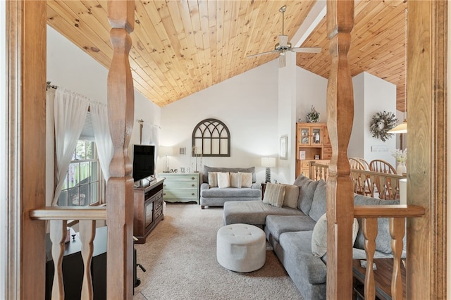 101 Winchell Rd, Owego, NY 13827 - living area with carpet floors, wooden ceiling with exposed beams, a ceiling fan, and high vaulted ceiling