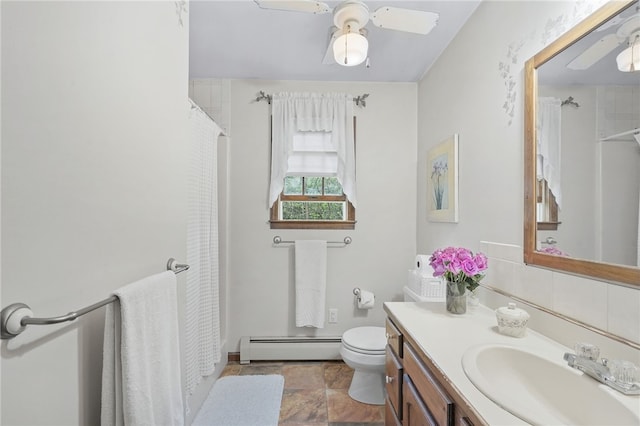 101 Winchell Rd, Owego, NY 13827 - full bathroom featuring baseboard heating, ceiling fan, toilet, vanity, and a shower with shower curtain