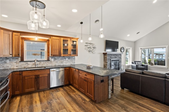 8419 Old Lake Rd, Lodi, NY 14860 - kitchen featuring stainless steel appliances, a sink, open floor plan, lofted ceiling, and a fireplace