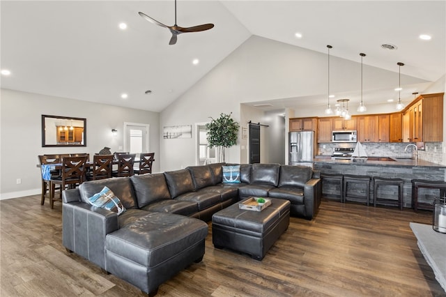 8419 Old Lake Rd, Lodi, NY 14860 - living area featuring high vaulted ceiling, ceiling fan, dark wood-type flooring, recessed lighting, and baseboards