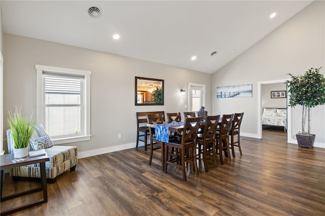 8419 Old Lake Rd, Lodi, NY 14860 - dining room featuring dark wood-style floors, baseboards, vaulted ceiling, and recessed lighting