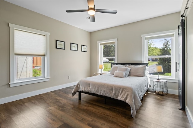 8419 Old Lake Rd, Lodi, NY 14860 - bedroom with a barn door, dark wood-style floors, baseboards, and a ceiling fan