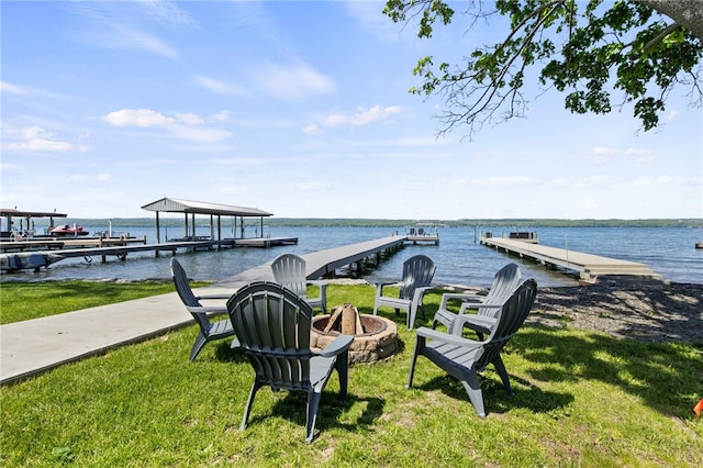 8419 Old Lake Rd, Lodi, NY 14860 - dock area with an outdoor fire pit, a water view, and a yard